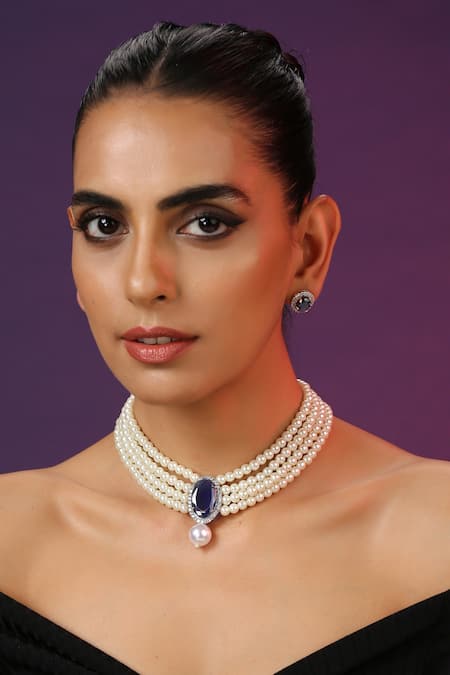 Shop_Swabhimann_Blue Zari, Pearls Embellished Necklace Set _Online_at_Aza_Fashions