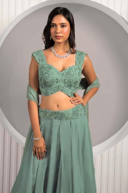 Jade By Ashima_Green Georgette, Crepe, Organza Beads, Ruffle Draped Skirt Blouse Set _at_Aza_Fashions