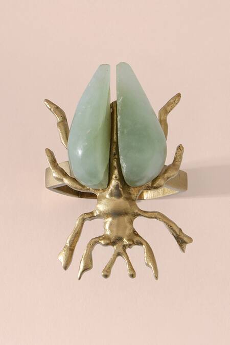 Table Manners_Brown Brass Jade Stone Embellished Cicada Napkin Rings 4 Pcs Set_at_Aza_Fashions