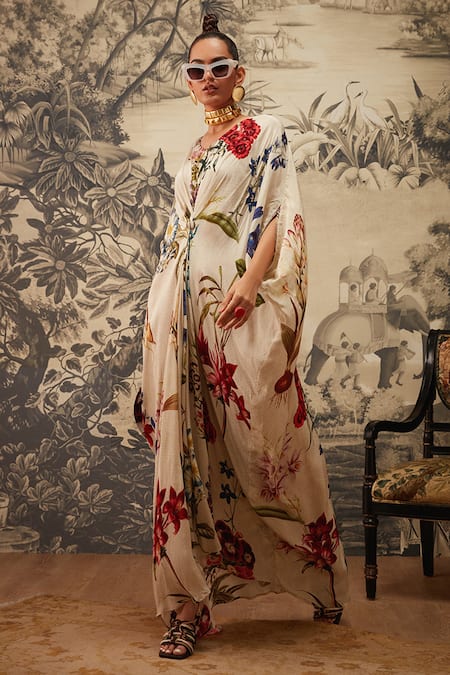 Kalista_Ivory Crepe Beads V-neck Lauren Botanical Pattern Kaftan _at_Aza_Fashions