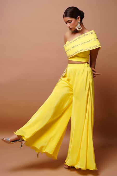 Ahi Clothing Yellow Crepe Sequins, Zari One Shoulder Bustier And Palazzo Set at Aza Fashions Ahi Clothing_Yellow Crepe Sequins, Zari One Shoulder Bustier And Palazzo Set _at_Aza_Fashions