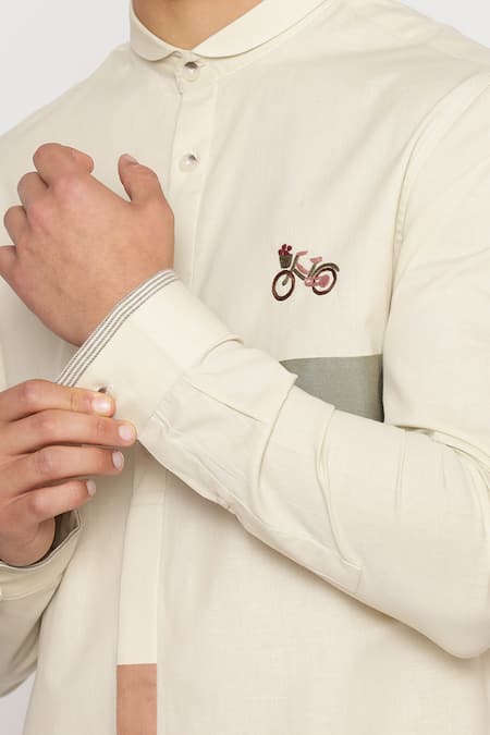 Lacquer Embassy_Green Cotton Embroidery Hand Bicycle Motif Shirt _at_Aza_Fashions