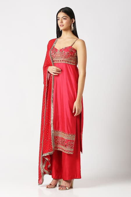 Shop_Labbada_Pink Kurta Pure Silk Hand Embroidered Marodi Sweetheart Neck Palazzo Set_Online_at_Aza_Fashions