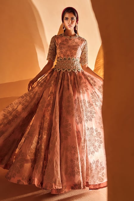 Bhumika Sharma_Pink Organza Embroidery, Pearls, Beads Round Neck Tara Print Anarkali With Belt _at_Aza_Fashions