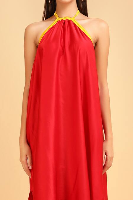 Label Ivish_Red Silk Halter Neck Gathered Dress _at_Aza_Fashions