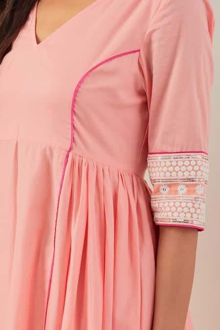 THE INDIAN CAUSE_Peach Cotton Sequins, Embroidery V-neck Chikankari Anarkali Set _at_Aza_Fashions