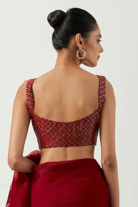 Label Earthen_Maroon Organza Applique Sweetheart Neck Chameli Embroidered Saree With Blouse _at_Aza_Fashions