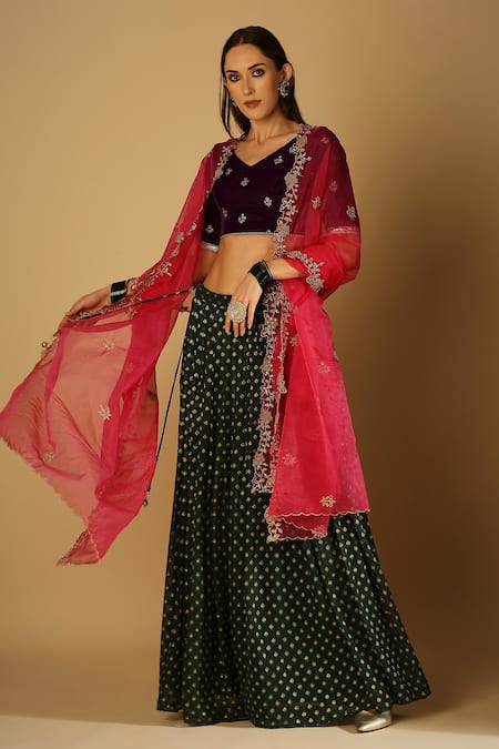 MONK & MEI BY SONIA ANAND_Green Organza, Velvet, Brocade Embroidery, Zari V-neck Roza Woven Lehenga Set _at_Aza_Fashions