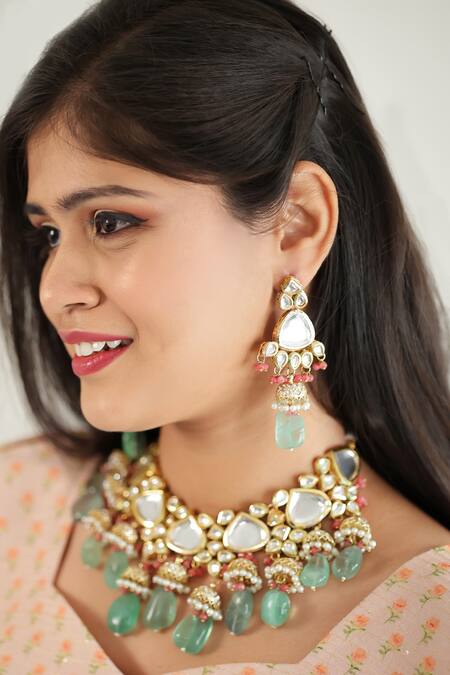 Ishhaara_Multi Color Diamonds, Beads Stone Embellished Choker Set _at_Aza_Fashions