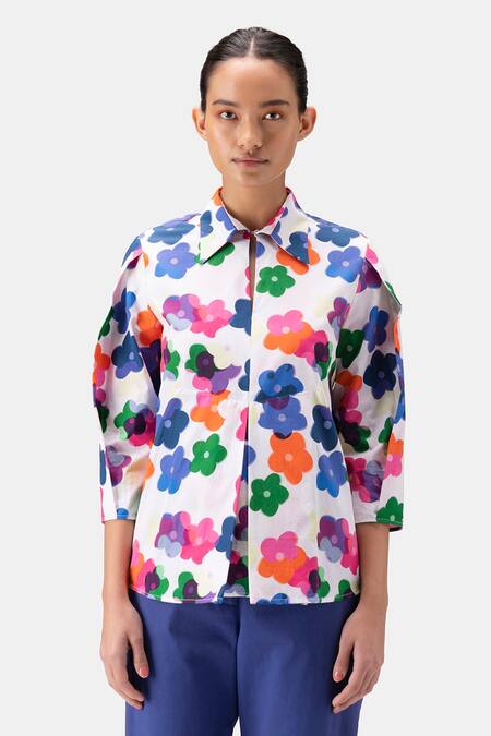 Shop_Genes Lecoanet Hemant_White Cotton Collared Floral Print Shirt_Online_at_Aza_Fashions