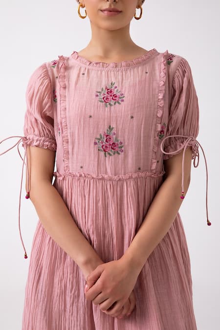 Shop_Label Shreya Sharma_Pink Chanderi Embroidery Round Neck Floral Placement Dress _Online_at_Aza_Fashions