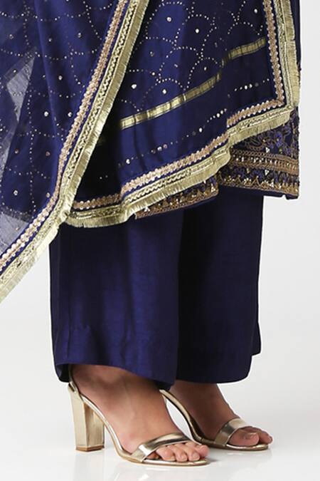Shop Labbada Blue Kurta Pure Silk Hand Embroidered Marodi Sweetheart Neck Palazzo Set Online at Aza Fashions Shop_Labbada_Blue Kurta Pure Silk Hand Embroidered Marodi Sweetheart Neck Palazzo Set_Online_at_Aza_Fashions