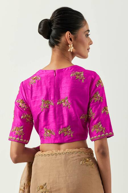 Label Earthen_Gold Tissue Embroidery Round Neck Surmai Gulab Saree With Blouse _at_Aza_Fashions