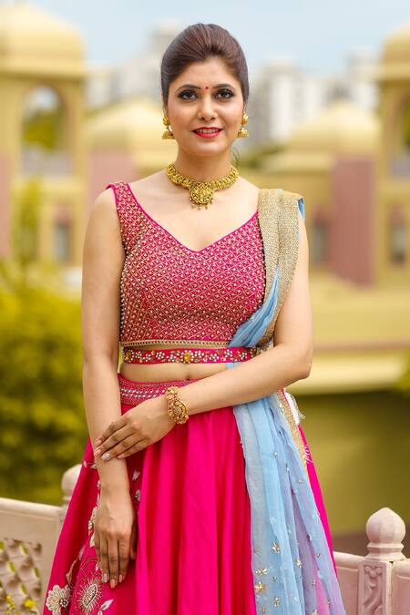 Kanj By Priyanka A Sakhuja_Magenta Raw Silk Dori, Pearl And Cutdana Work V Zairah Embroidered Lehenga Set _at_Aza_Fashions