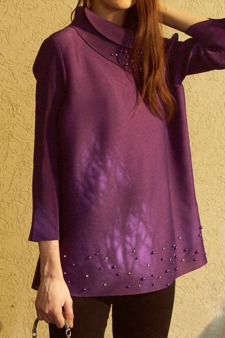 Buy_Tasuvure_Purple Pleated Pearl High Neck Dainty Embroidered Top_Online_at_Aza_Fashions