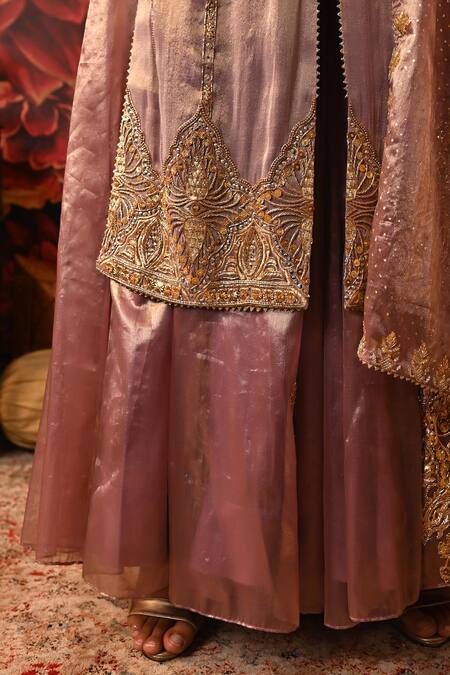 Shop_Moledro_Purple Brocade, Tissue, Silk Sequins, Vintage Embroidered Kurta Sharara Set _Online_at_Aza_Fashions