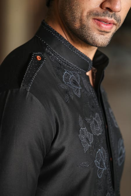 Shop_Raw & Rustic By Niti Bothra_Black Chanderi Silk Embroidery Banarasi Applique Kurta _Online_at_Aza_Fashions