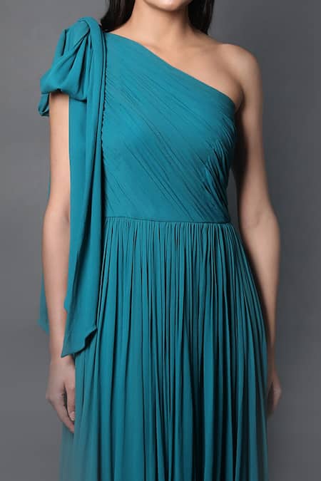 Swatee Singh_Blue Georgette One Shoulder Ruched Gown _at_Aza_Fashions