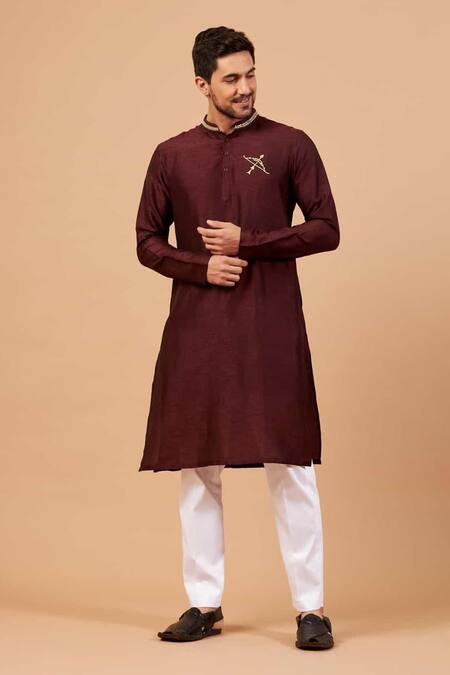 Shop_Hilo Design_Maroon Cotton, Silk, Lycra Embroidery Adira Placement Kurta Set _Online_at_Aza_Fashions
