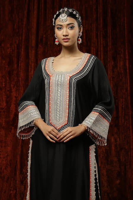 Buy Shikhar Sharma Black Silk Chanderi Embroidered Pearl Round Neck Kurta Pant Set Buy_Shikhar Sharma_Black Silk Chanderi Embroidered Pearl Round Neck Kurta Pant Set