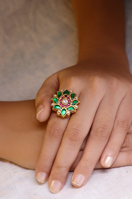 Ishhaara Multi Color Stones Lotus Shape Embellished Ring at Aza Fashions Ishhaara_Multi Color Stones Lotus Shape Embellished Ring _at_Aza_Fashions