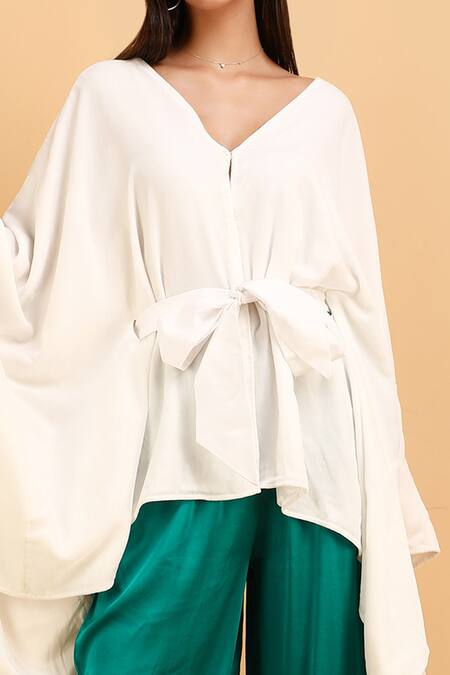 Label Ivish White Silk Satin V-neck Kimono Jacket And Green Trouser Set at Aza Fashions Label Ivish_White Silk Satin V-neck Kimono Jacket And Green Trouser Set _at_Aza_Fashions