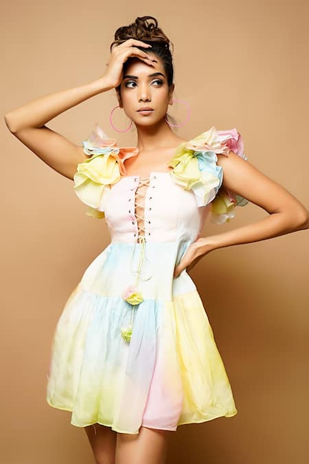 Ahi Clothing Multi Color Organza, Lining Shantoon Square Hand Painted Ruffle Sleeve Dress at Aza Fashions Ahi Clothing_Multi Color Organza, Lining Shantoon Square Hand Painted Ruffle Sleeve Dress _at_Aza_Fashions