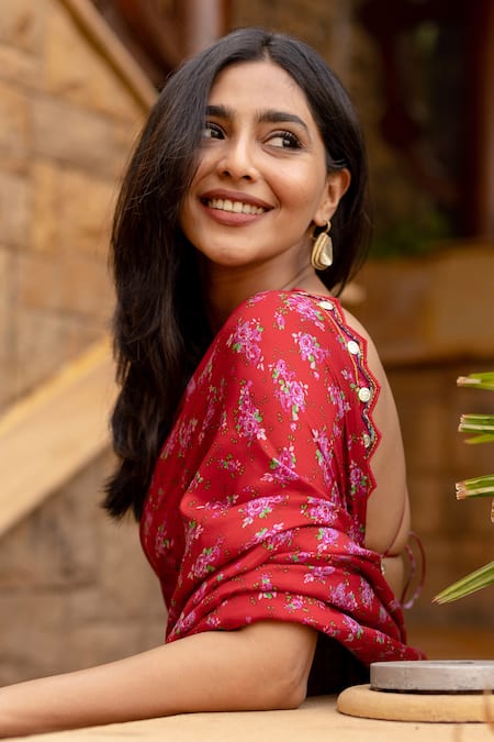 Punit Balana_Red Satin Silk Printed Floral Pre-draped Saree With Blouse _at_Aza_Fashions