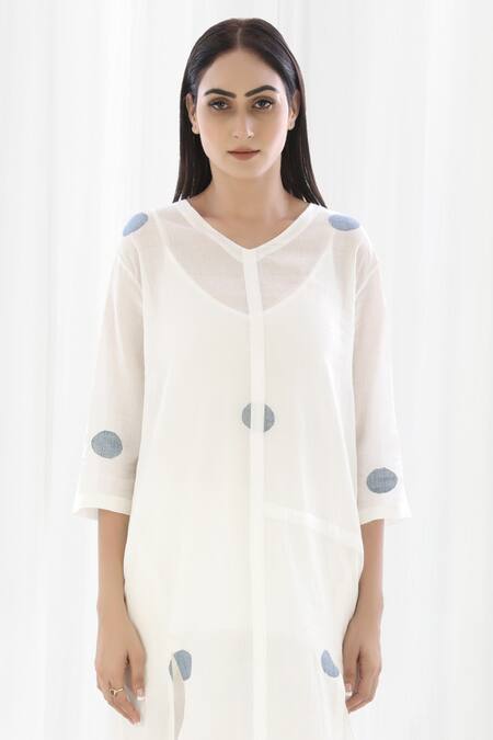 Khat_White Cotton V-neck Polka Pattern Tunic And Pant Set _at_Aza_Fashions