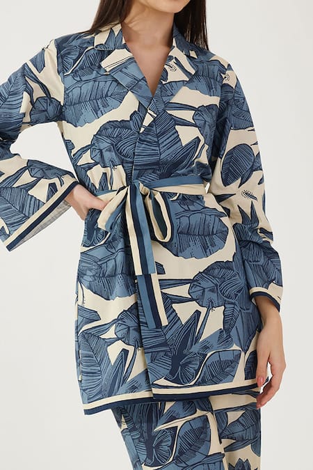 Koai_White Poplin, Cotton Embroidery Collared Floral Print Jacket _at_Aza_Fashions