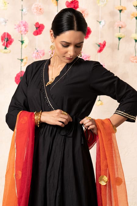 Marche_Black Dupatta  Kota Doria, Kurta And Pant  Cotton V Neck Kalidar Angrakha Set _at_Aza_Fashions