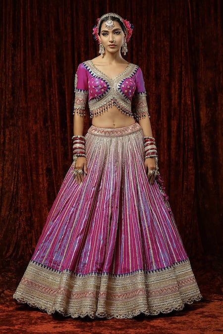 Shop_Shikhar Sharma_Purple Cotton, Net, Chanderi Beads, Orchid Gota Shimmer Bridal Lehenga Set _Online_at_Aza_Fashions