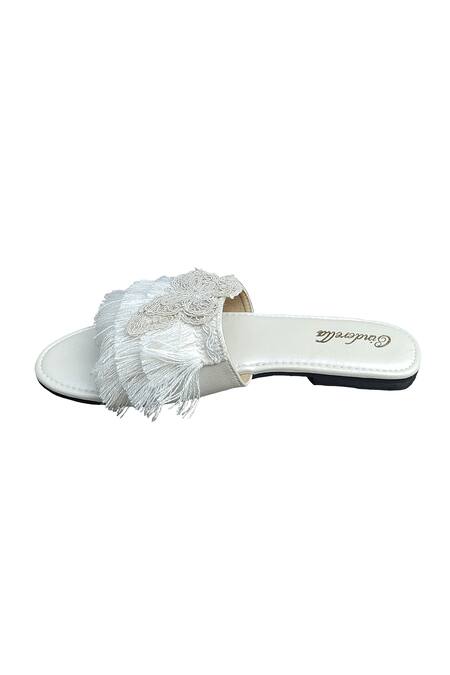 Cinderella By Heena Yusuf_Ivory Cord And Fringe Tassels Embellished Glory Flats _Online_at_Aza_Fashions