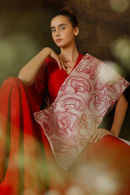 Eclat By Prerika Jalan_Red Satin, Organza, Crepe Cut Work V-neck Embroidered Top And Flared Pant Set _at_Aza_Fashions