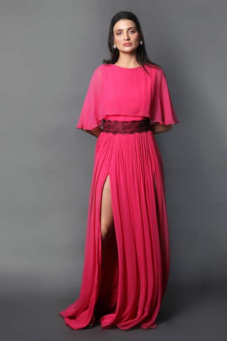 Swatee Singh_Fuchsia Georgette Lace Bandeau Neck Bateau Slit Gown _at_Aza_Fashions
