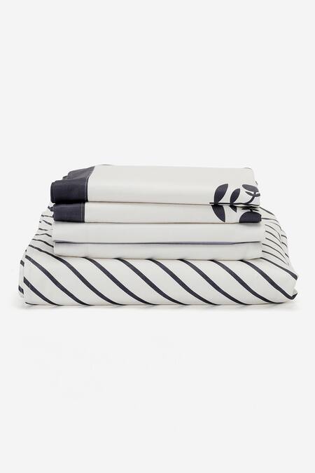 Kyoona_Blue 100% Cotton Printed The Bageecha Stripe Bedsheet Set_at_Aza_Fashions