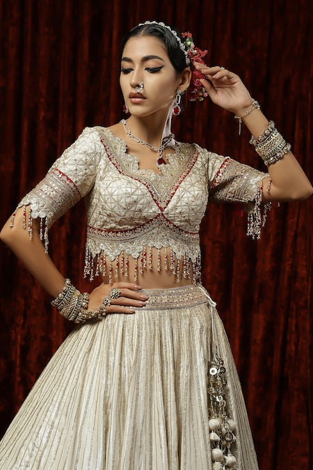 Shop Shikhar Sharma Silver Cotton, Chanderi, Net Beads, Chandi Gulab Chhadee Bridal Lehenga Set Online at Aza Fashions Shop_Shikhar Sharma_Silver Cotton, Chanderi, Net Beads, Chandi Gulab Chhadee Bridal Lehenga Set _Online_at_Aza_Fashions