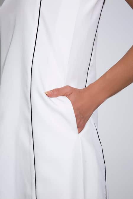 Pocketful Of Cherrie_White Crepe Round Neck Sleeveless Contrast Piping Dress_Online_at_Aza_Fashions