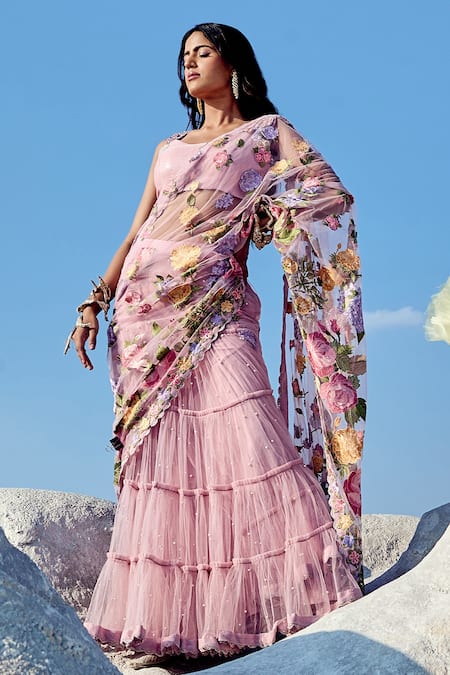 Nikita Vishakha Lilac Net, Georgette Pearls, Zari Scoop Neck Tiered Embroidered Lehenga Saree at Aza Fashions Nikita Vishakha_Lilac Net, Georgette Pearls, Zari Scoop Neck Tiered Embroidered Lehenga Saree _at_Aza_Fashions
