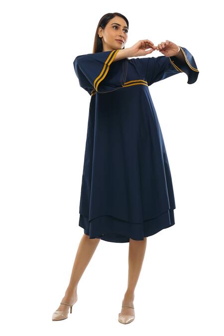 Khat Blue Cotton, Poplin Square Neck Double Layered Flared Dress at Aza Fashions Khat_Blue Cotton, Poplin Square Neck Double Layered Flared Dress _at_Aza_Fashions