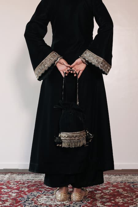 Shrutkirti Green Silk, Velvet Tassels V-neck Embroidered Kurta Palazzo Set at Aza Fashions Shrutkirti_Green Silk, Velvet Tassels V-neck Embroidered Kurta Palazzo Set_at_Aza_Fashions