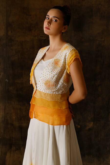 Eclat By Prerika Jalan_Ivory Organza, Muslin, Silk Embroidery, Pearls Hand Jacket Gharara Pant Set _at_Aza_Fashions