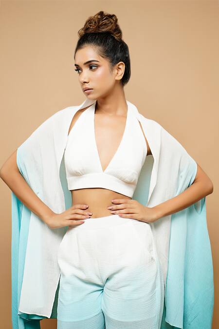 Ahi Clothing_Blue Crushed Georgette, Lining Plain Bikini V Ombre And Pant Set_at_Aza_Fashions