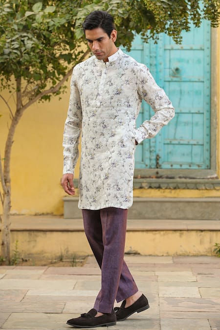 Shop_Raw & Rustic By Niti Bothra_Cream Linen Embroidery Floral Print Kurta _Online_at_Aza_Fashions