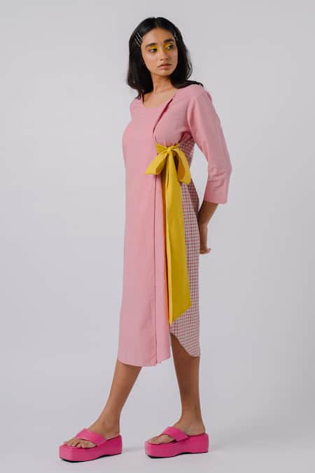 Shop Tussah By Siddhi Shah Pink Cotton Bows Round Neck Contrast Detail Dress Online at Aza Fashions Shop_Tussah By Siddhi Shah_Pink Cotton Bows Round Neck Contrast Detail Dress _Online_at_Aza_Fashions