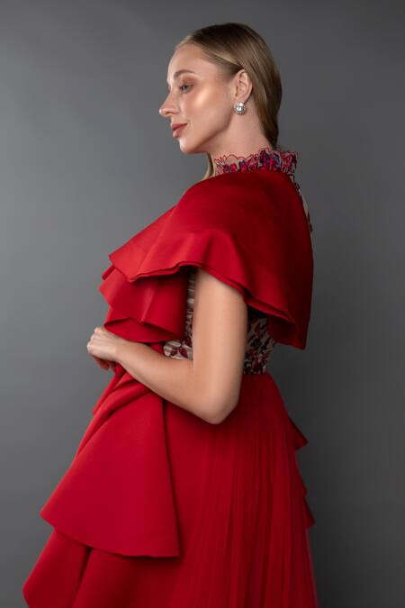 Anjum Qureshi_Red Net Hand Embroidered Floral High Neck Structured Gown _at_Aza_Fashions