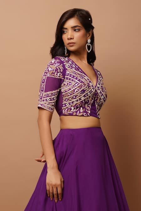 Shop_Ahi Clothing_Purple Organza, Cotton Beads, Cut Embroidered Blouse And Circular Lehenga Set _Online_at_Aza_Fashions