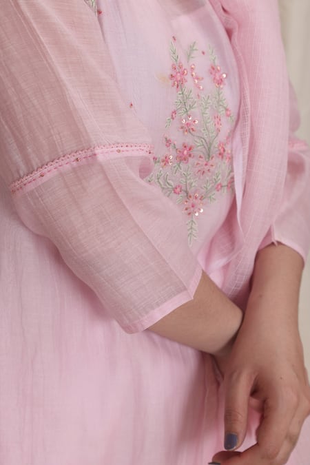 Tatwa_Pink Handloom Cotton, Viscose, Silk Embroidery Yoke Sequins Kurta And Pant Set _at_Aza_Fashions