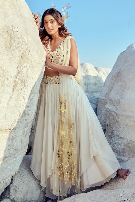 Nikita Vishakha_White Organza, Net, Jacquard Metallic Thread, Moti Hand Blouse Lehenga Set _at_Aza_Fashions