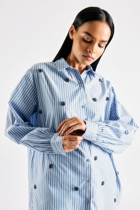 Mellowdrama_Blue Cotton Embroidery Collared Embellished Shirt_at_Aza_Fashions